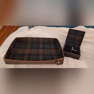 WOLF for Pottery Barn jewelry box & valet tray set brown with green plaid lining